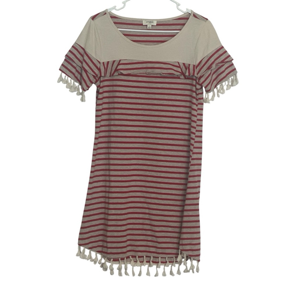 Umgee Red Cream Striped Boho Dress Small Tassel Trim NWOT Summer